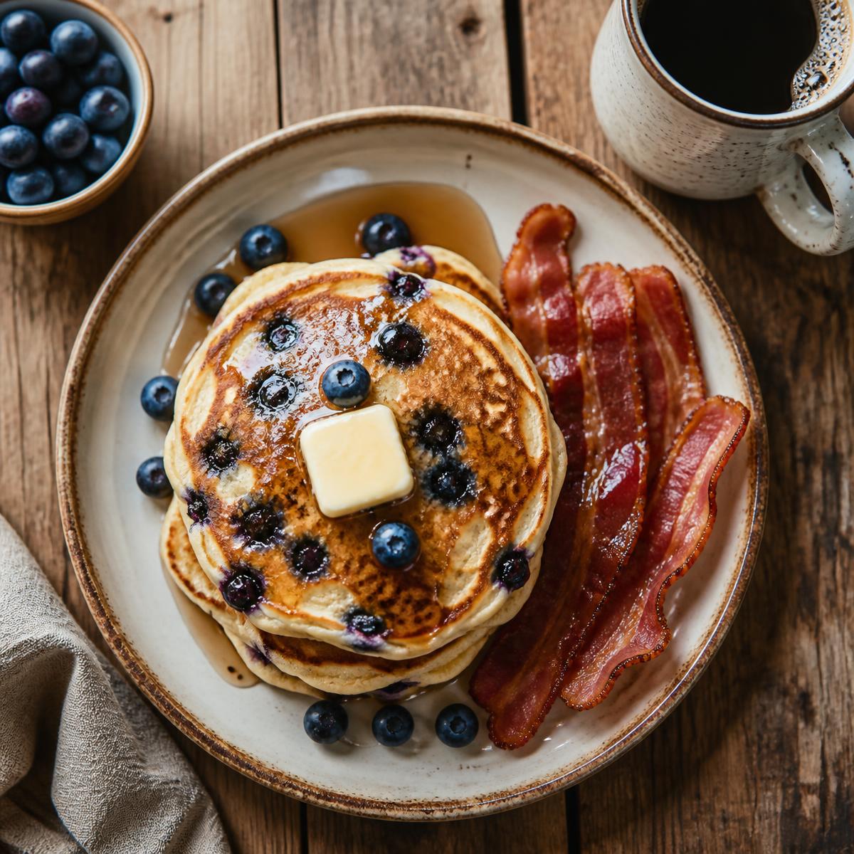 Blueberry pancakes with bacon and coffee