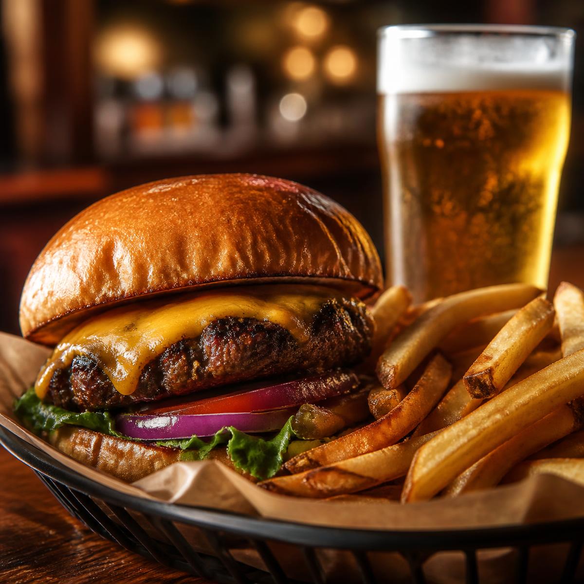Hand-pressed cheeseburger with fries and a pint
