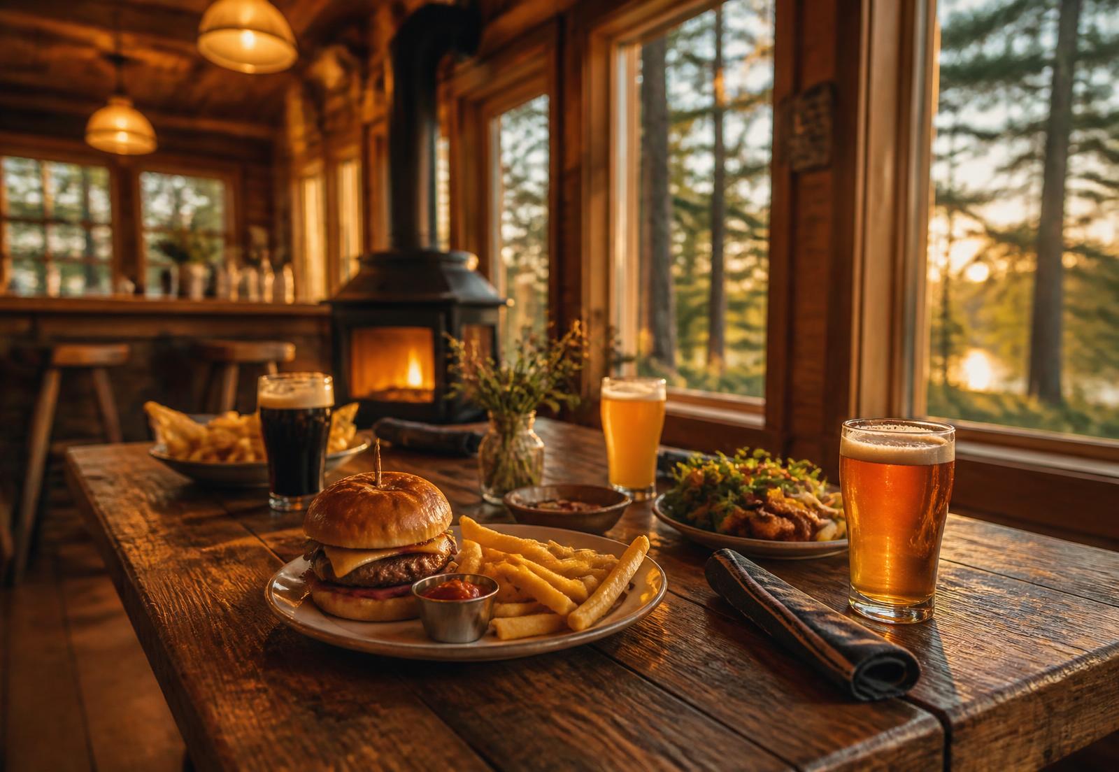 Burger, fries and a cold pint on a wooden table at Blue Moon Junction